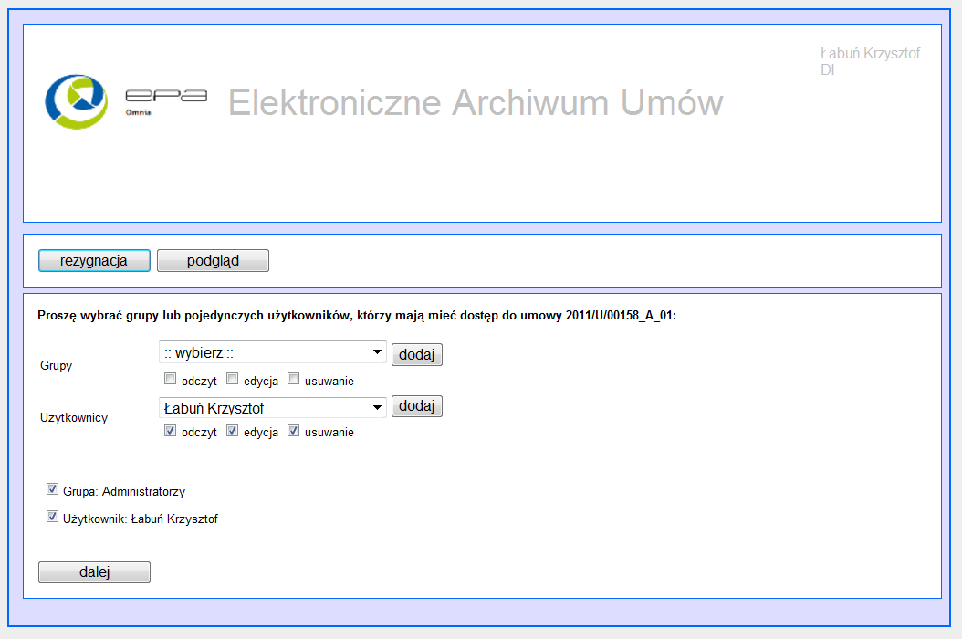 Zarzdzanie uprawnieniami do umowy